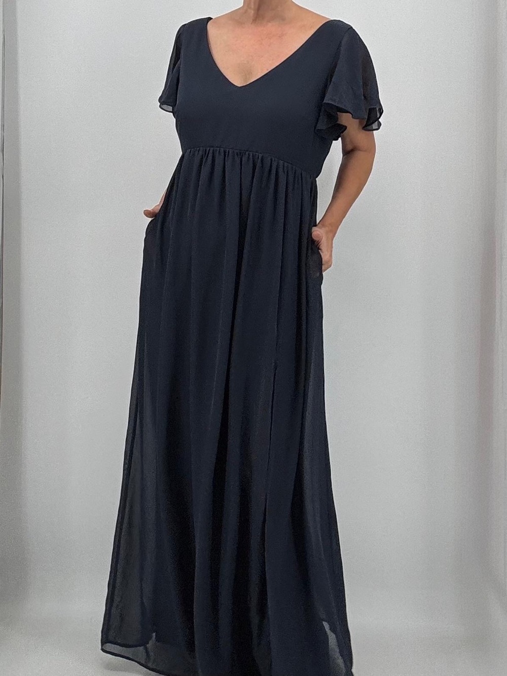 Birdie Grey Hannah Chiffon Flutter Sleeve Navy Blue Bridesmaid Wedding Gown - Picture 10 of 10